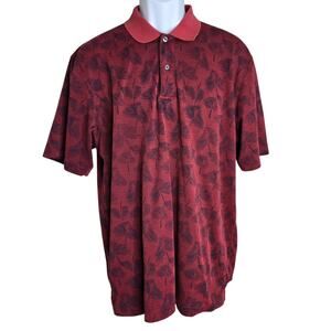 Izod Mens Polo Shirt Large Tropical Print Palm Leaves Maroon Vacation Golf